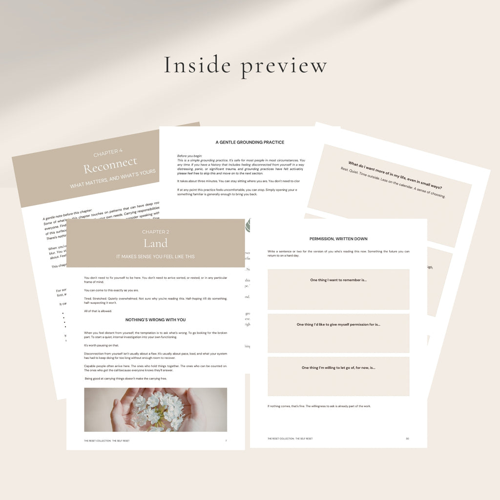 Inside preview of pages from The Self Reset with text and images on a light background