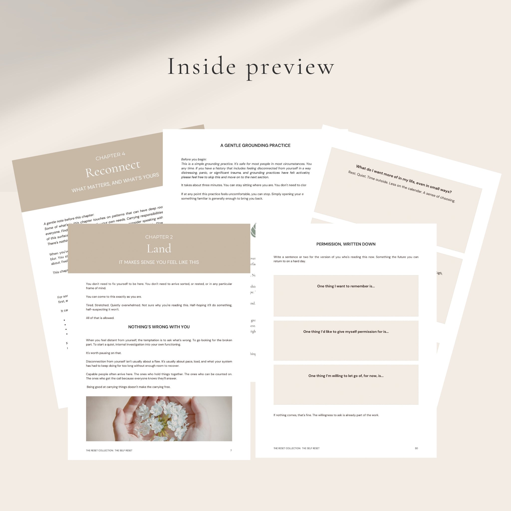 Inside preview of pages from The Self Reset with text and images on a light background