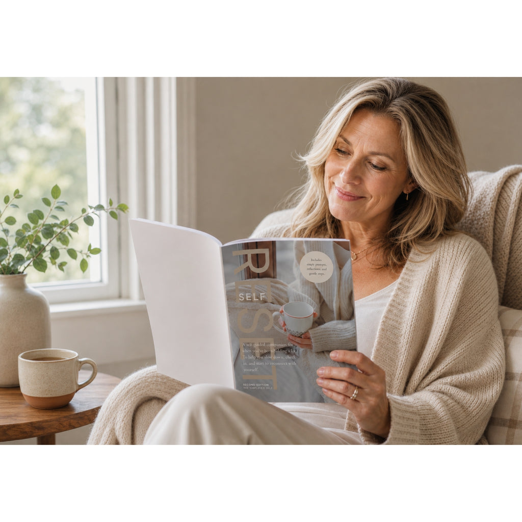 Woman cozy and reading The Self Reset in a living room with a warm cup of tea.  She has a subtle smile on her face and is at ease like she is rediscovering herself and feels calm.