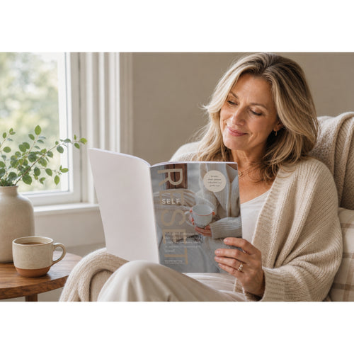 Woman cozy and reading The Self Reset in a living room with a warm cup of tea.  She has a subtle smile on her face and is at ease like she is rediscovering herself and feels calm.