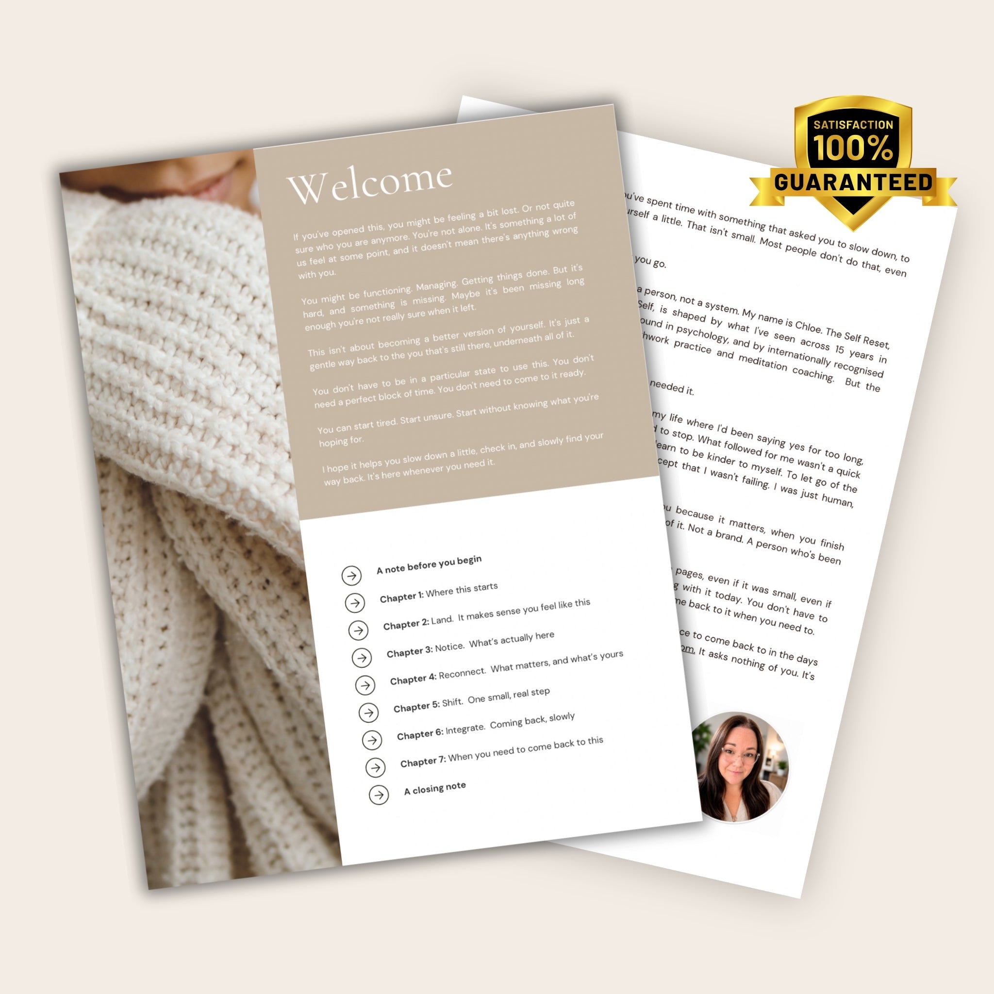 Welcome page preview with chapter summary and author bio letter preview on a light background, featuring a satisfaction guarantee badge.