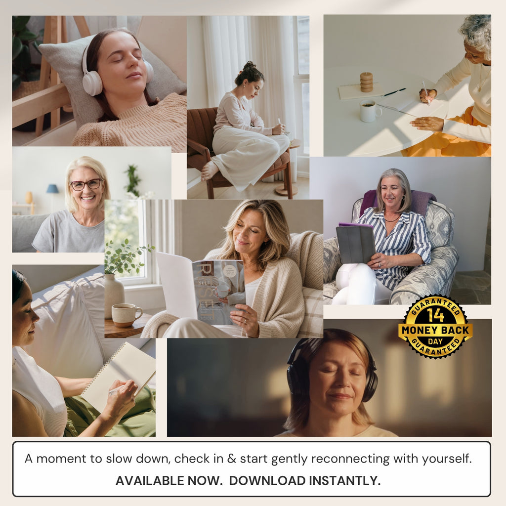 Collage of women listening to audio or reading in print copy or on i pad with a 14 day money back guarantee badge on display.