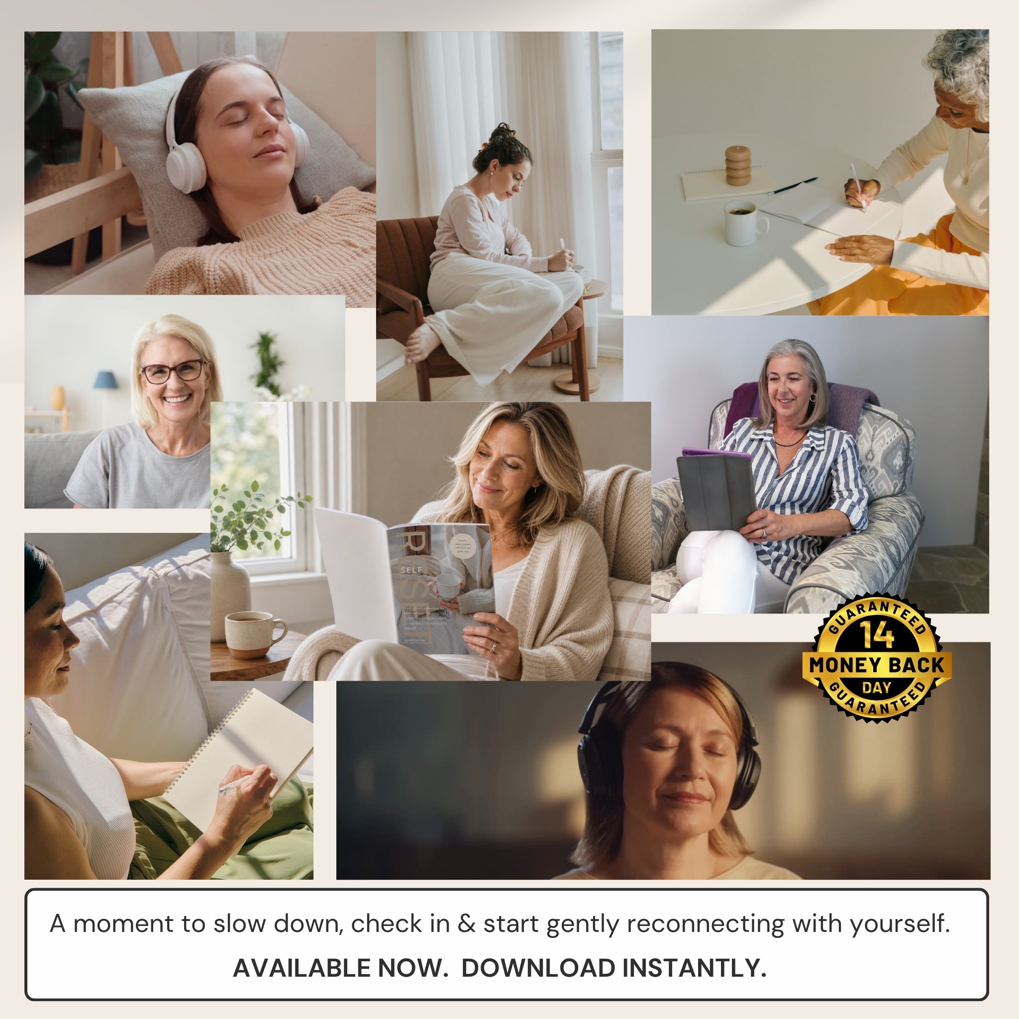 Collage of women listening to audio or reading in print copy or on i pad with a 14 day money back guarantee badge on display.