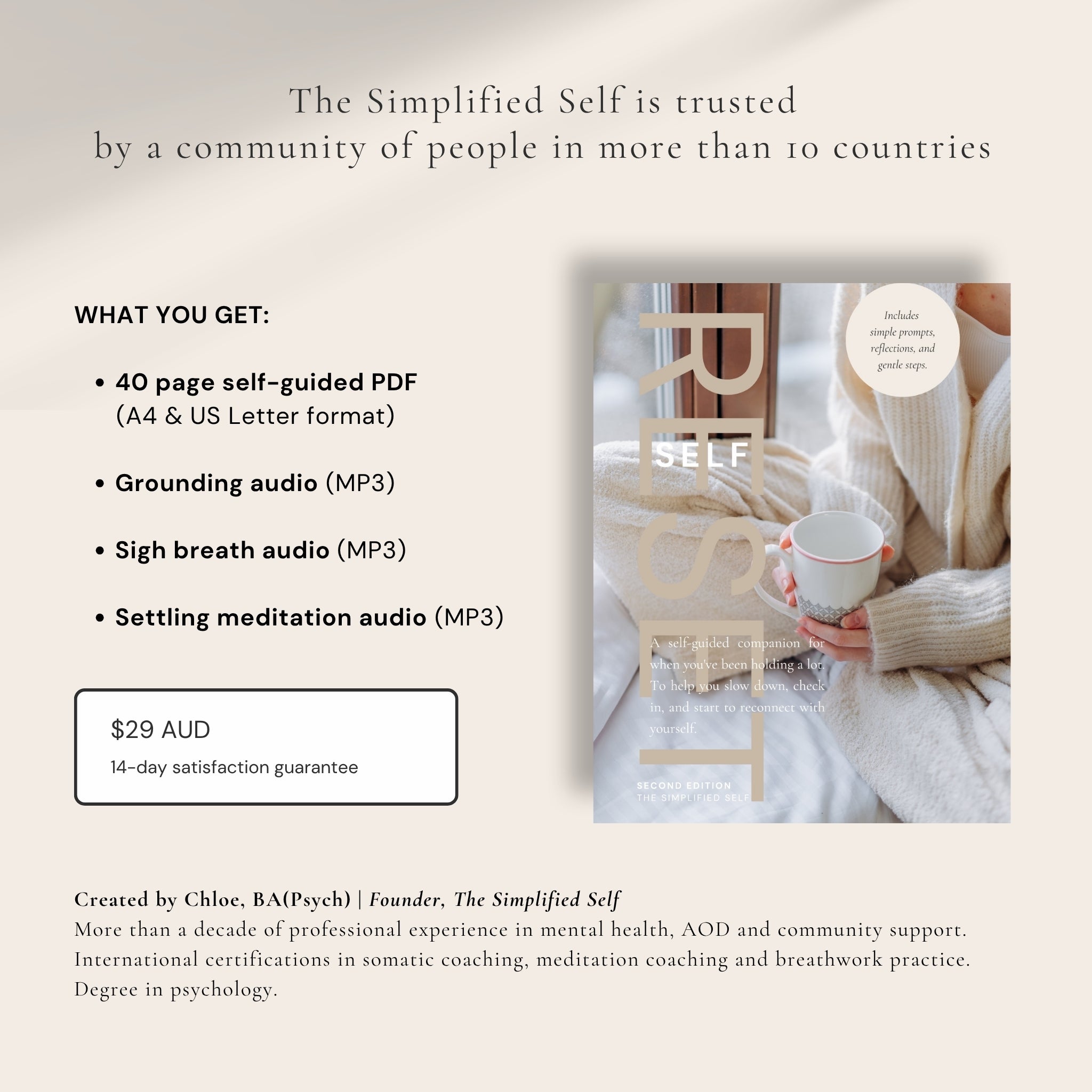 Promotional graphic for 'The Simplified Self' product with a person holding a mug and text about the product's features and price.